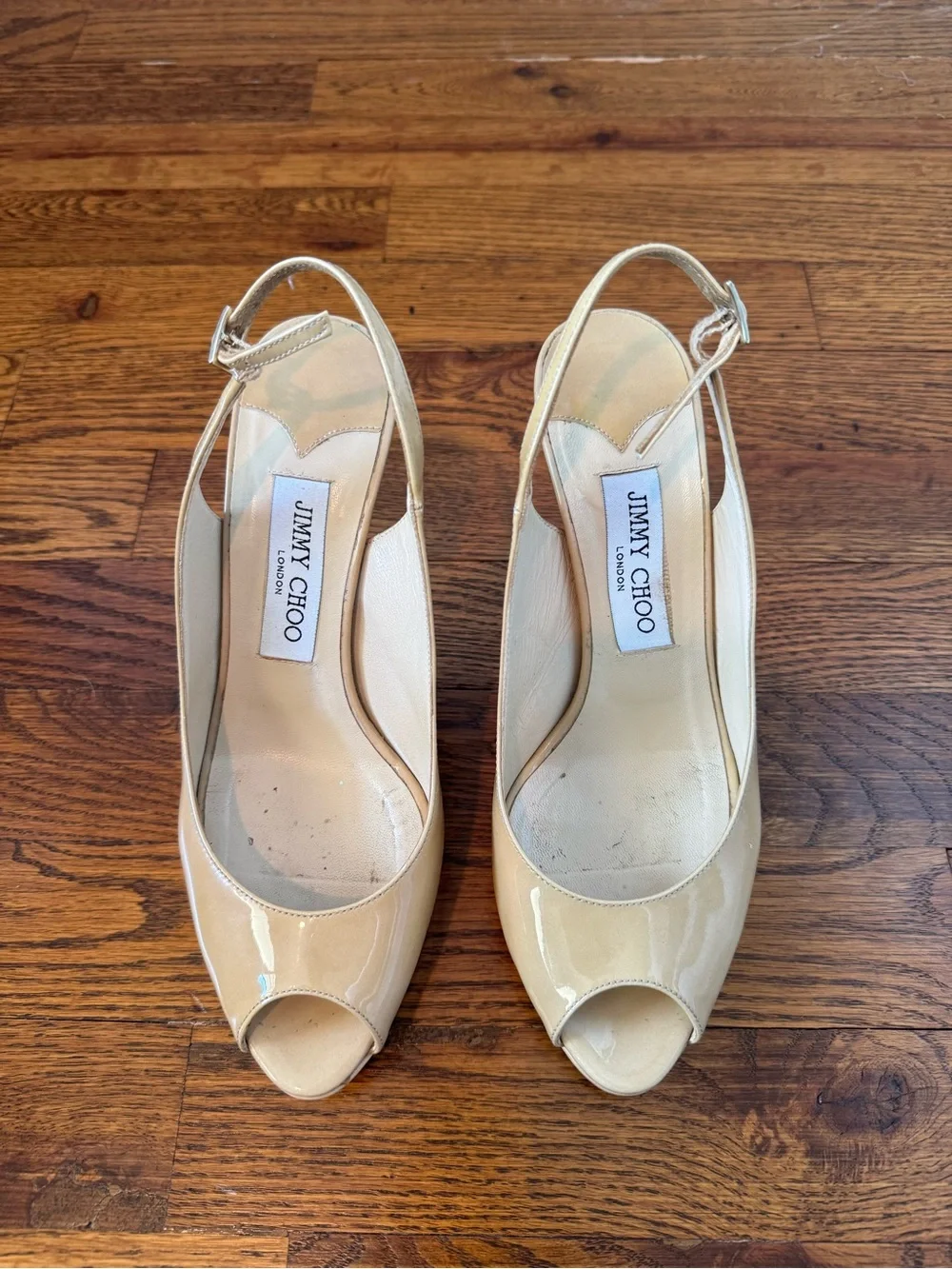 Jimmy Choo Women’s Nude‎ Patent Leather Peep Toe Slingback Heels Pumps Size 37.5